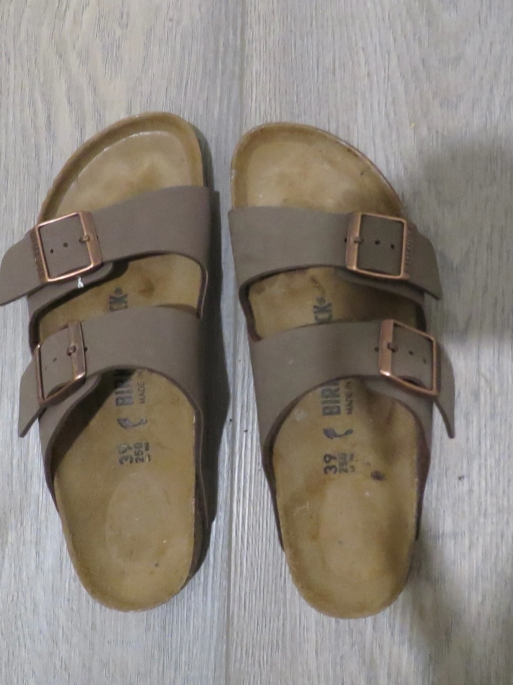 Birkenstock Two-Strap Sandals in Taupe with Rose Gold Buckles
